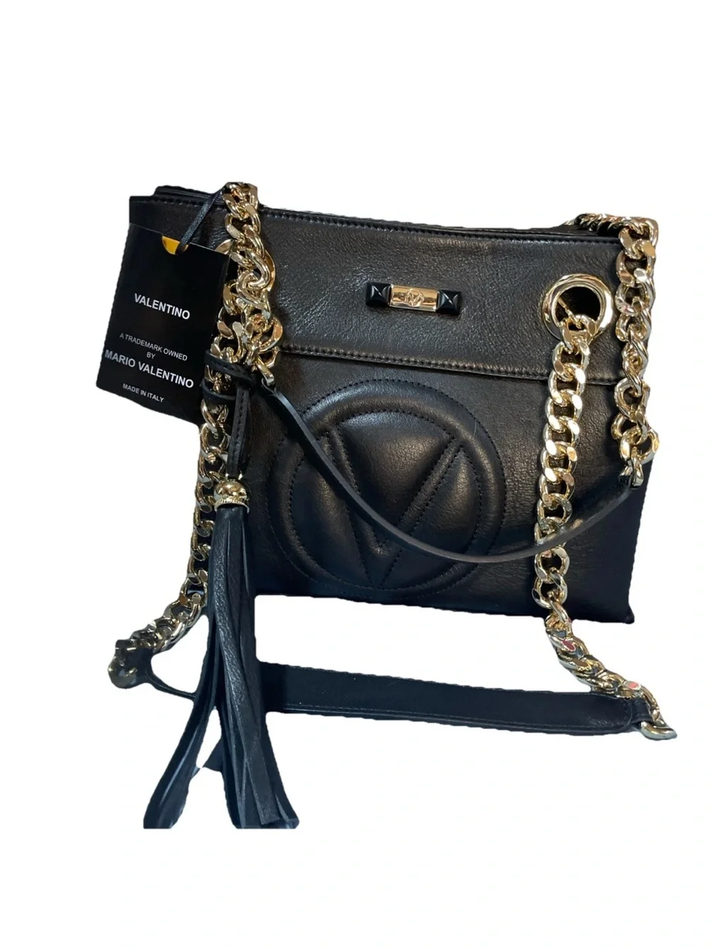 Valentino Black Leather Crossbody with Gold Chain and Tassel
